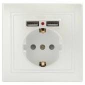 Розетка Intro Plano 1-410-06 с заземлением 2P+E Schuko со шторками, 16А-250В + 2хUSB 5В-2,1А, IP20, 