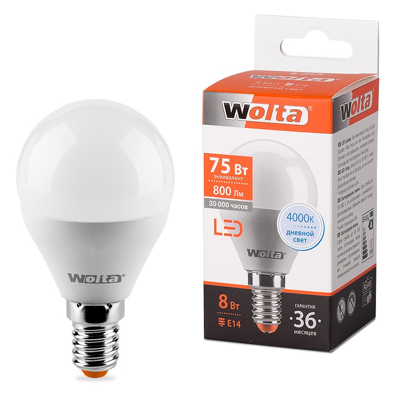 Светодиодная лампа WOLTA LED-шар 8Вт E14 4000k 25S45GL8E14
